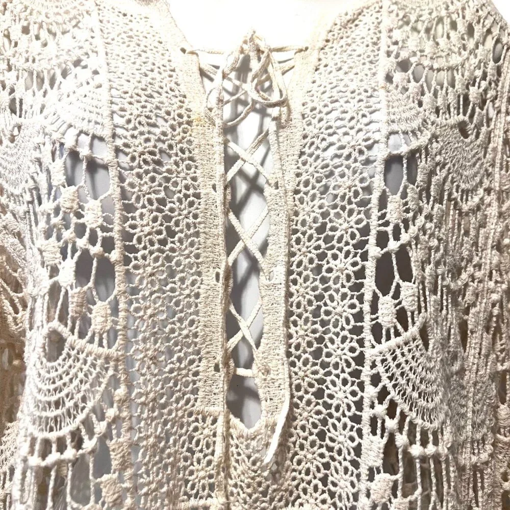 Forgotten Grace-100% Cotton Women's Boho/Hippie Top-Cream-Med-Lace Up-Lace Scall - Picture 6 of 12